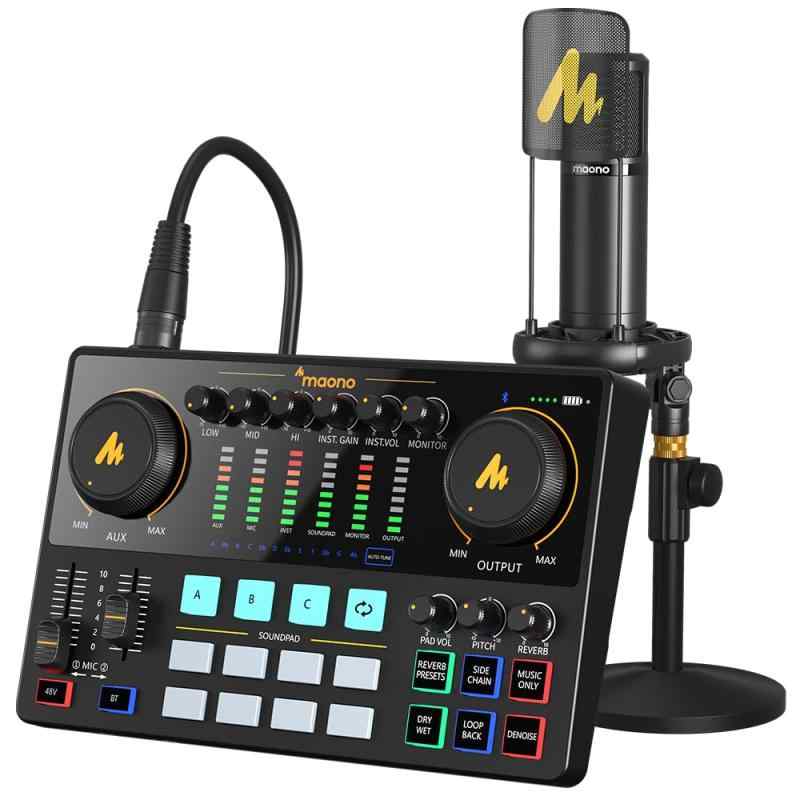 MAONO オーディオミキサー オーディオインターフェース ポッドキャストステレオミキサー XLR/3.5MM/6.35接続 paステージ機器用 ポータブルオールインワンセット 配信機材 マイク付属 YouTube Tiktok