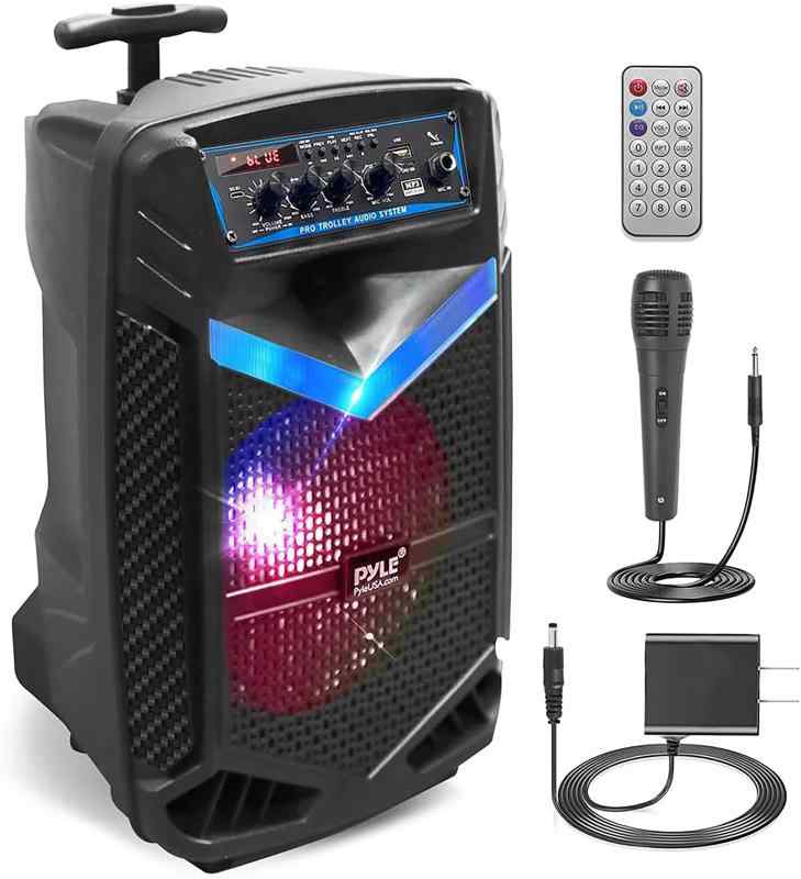 【Pyle 400W Bluetooth付き ワイヤレス スピーカー】 充電式バッテリー 屋外で使える 重量3.1kg. ８インチ サブウーファー 1インチ ツイーター付き 携帯用 PA システムスピーカー、 録音機能、 カラ