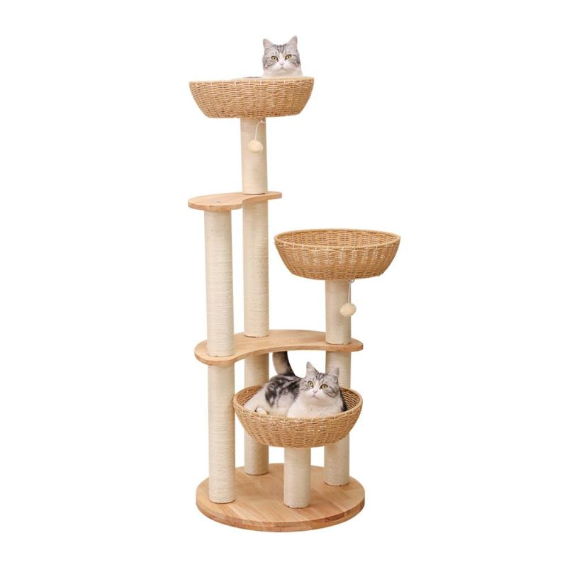 LULUCAT キャットタワー 木製 取り付け 大型猫 今めかしい 天然ゴム木材 手編みカゴ 室内装飾性 純乎たる材 多頭飼い か細い 夏冬兼用 生まれながら木 見晴台付き添い人 丸型突っ支い棒 省間隔文字 成猫 子ネコ 猫主柱 (高さ133糎（カゴ３個）)