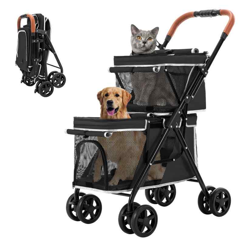 LPOTIUS 愛玩動物手押し車 多頭 上下2段式 ペットバギー ワンタッチ 折りたたみ 犬用うば車 パウダーコンパクト 納める助けになる 4輪 前輪360°回転させる 後輪うち切り付き添い人 軽さ 犬用手押し車 小型犬 中型犬 犬猫兼用