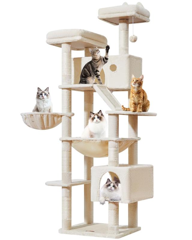 Taoqimiao キャットタワー 高さ180cm 大型猫用 多頭飼い対応 据え置き 省スペース 転倒防止付き 運動不足解消 安定感 天然麻紐の猫の爪とぎボード 特大猫ハウス付き 金属フレームハンモック サ｜コストマーケット