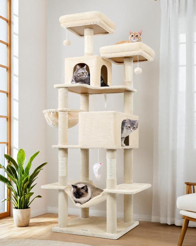 Globlazer キャットタワー 猫高閣 大型猫用 今めかしい 多頭飼い 御前上等 猫住み家 猫調度品 据え付け型 広広とした寝台 住み家 駆け込み寺 大型見おろし見とおし台 ハンモック 手あそび 爪とぎ極点 爪研ぎ 天