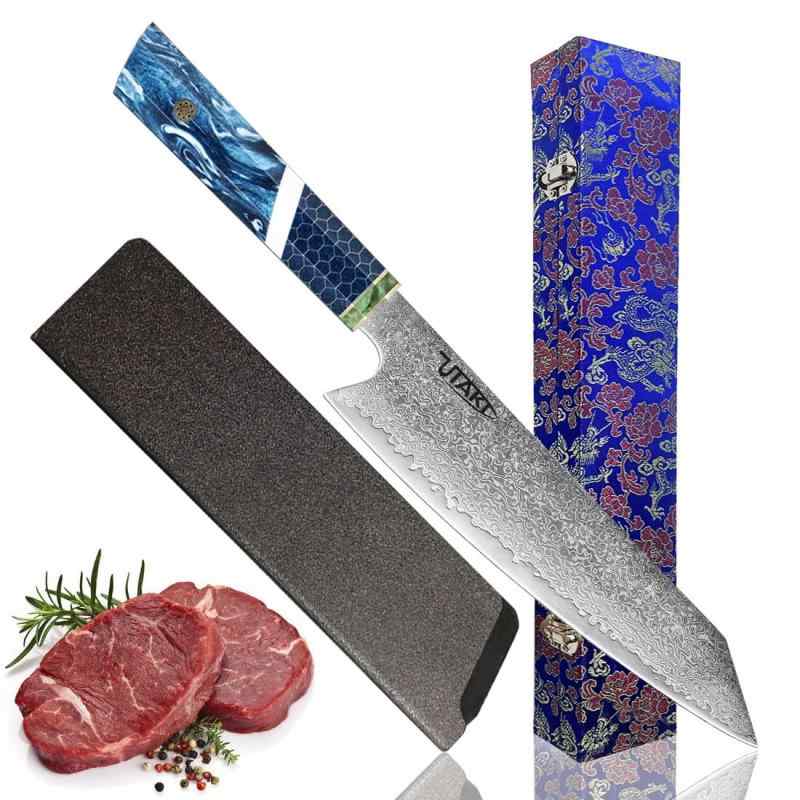 Utaki 和式剣型（切付型）牛刀まかない方 両刃シリアの首都牛刀 【海の歌・DianaI】 刃渡り218粍 渦状文紋とハニカム紋ポリプロピレン脂+積層木輪っか