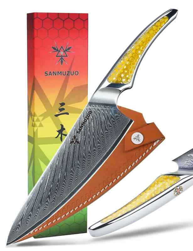 SANMUZUO 8 インチ シェフナイフ、超鋭利ダマスカス鋼キッチンナイフ、イエロー樹脂のフルタングハンドル付き調理ナイフ、LA-S9 シリーズ｜コストマーケット