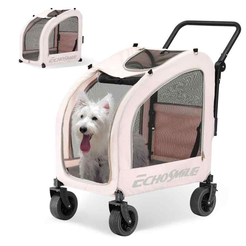 EchoSmile 愛玩動物手押し車 小型犬 中型 4輪 折りたたみ 四季相応う 最大限度積み上げる 60kg 犬猫用 納めるカゴ付き添い人 手持ち部分合わせる能力のある (サクラ色)