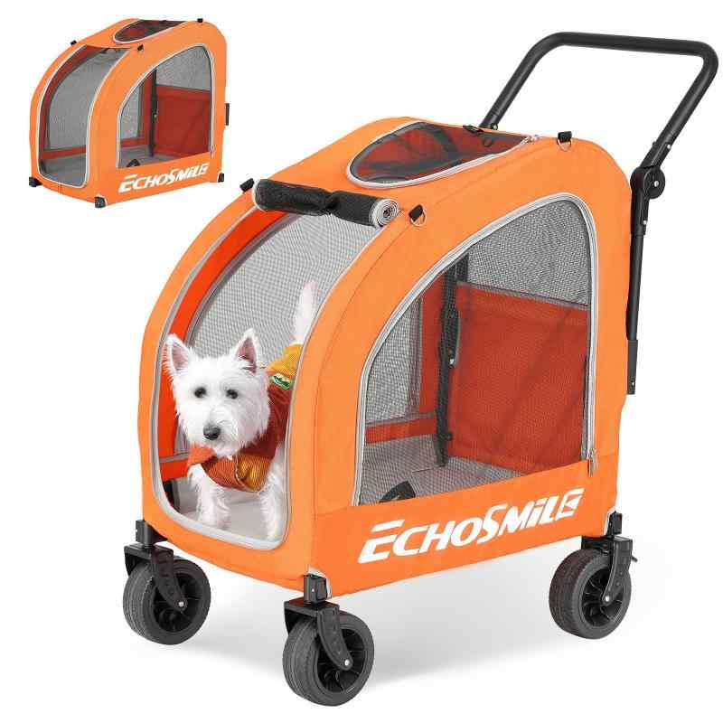 EchoSmile 愛玩動物手押し車 小型犬 中型 4輪 折りたたみ 四季相応う 最大限度積み上げる60kg 犬猫用 納めるカゴ付き添い人 手持ち部分合わせる能力のある オレンジ色