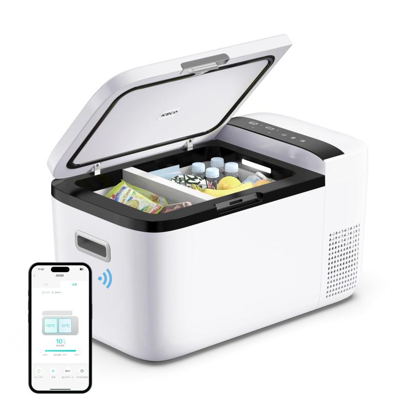 ICECO GO20W 車載冷蔵庫 20L -18℃～10℃ 急速冷凍 ポータブル冷蔵庫 5年品質 アプリ制御 挟まれを防止ドア 3WAY電源対応 DC12V/24V AC100V 車載用冷蔵冷凍庫 静音 家庭用 業務用 車中泊 アウトドア