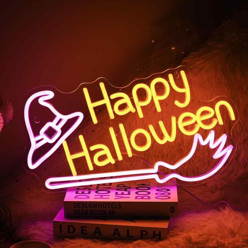 Happy Halloweenネオンサイン ハロウィンハッピーネオンロゴ 魔女帽ネオンライト 調光ほうきLed壁飾りネオン ハロウィン飾り家居 悪作劇 パーティー キッズルームデコレーションネオン管