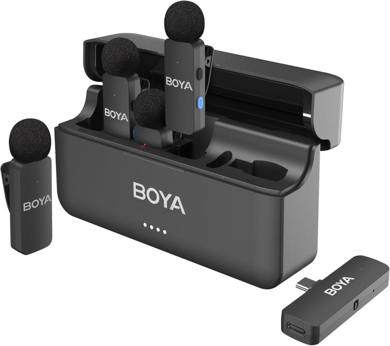 BOYA BY-V4U iPhone 15/16シリーズ、充電ケース付きAndroidスマートフォン用ワイヤレスラベリアマイクロホン 18時間のバッテリー寿命、ビデオ録画用4チャンネル全指向性ノイズキャンセリングラベ