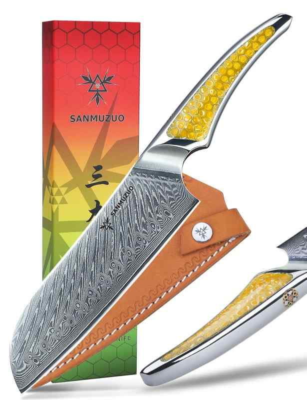 SANMUZUO 7 インチ 三徳包丁、超鋭利ダマスカス鋼シェフナイフ、イエロー樹脂のフルタングハンドル付きキッチンナイフ、 LA-S9 シリーズ｜コストマーケット
