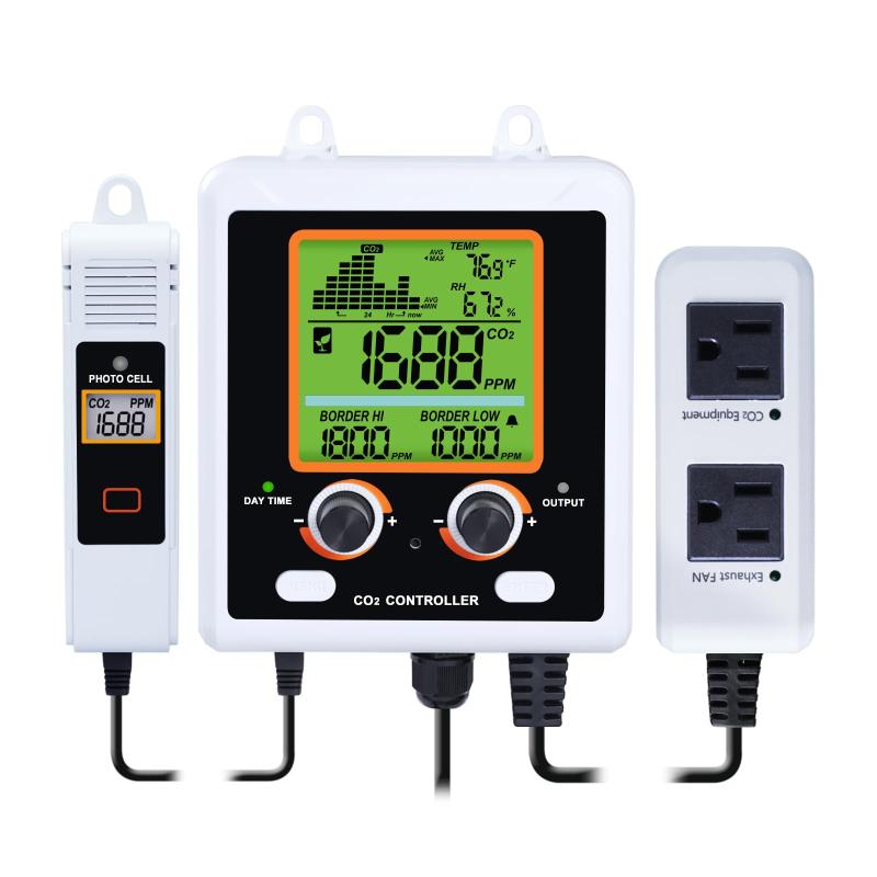 CO2 コントローラー 二酸化炭素モニター CO2 スマートセンサー デュアルコンセント CO2 レギュレーターとファンに適合 栽培室、栽培テント、温室用の 2 つのプラグ CO2 コントロール