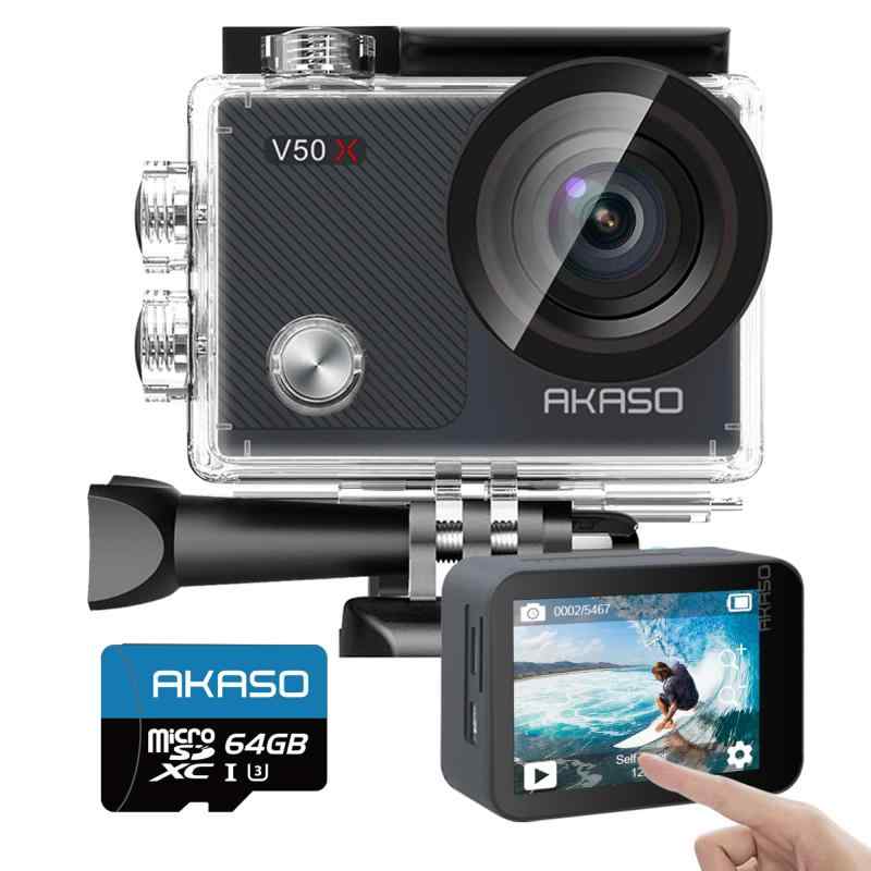 AKASO 動き写真機 V50X，4K30fps 20MP 64GB microSD記憶装置歌留多付き添い人 新版6軸手ぶれ手を加える 4X望遠レンズ 無線LAN相応う 小型動きカム 30M雨合羽 タッチスクリーン式 ウェアラブルカメラ HDMI最終生産物 Type-C