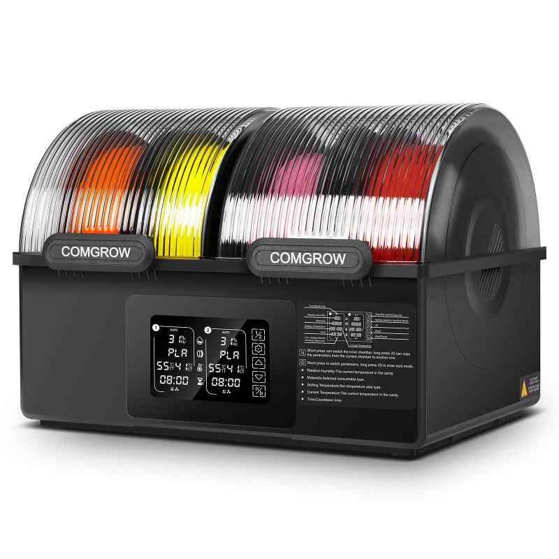 Comgrow SH03 フィラメントドライヤー 4 スプール対応 デュアル独立加熱チャンバー 温度個別制御 最大 85℃ 200W+200W PTC ヒーター搭載 高速均一加熱 自動除湿 密封収納機能付き PLA/ABS/PETG/TPU/ナイ