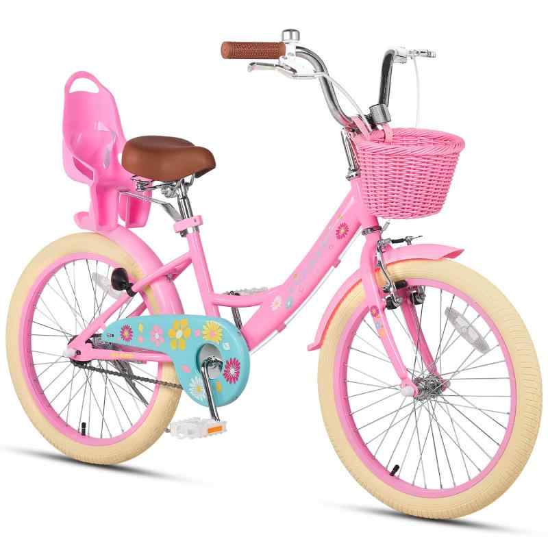 Glerc Maggie 子供用自転車 女の子用 キッズバイク 幼児乗り練習 花柄 かご付き 補助輪付き こども三輪 ぬいぐるみ座席付き vブレーキ 6~12歳 青 ピンク&ブルー|コストマーケット