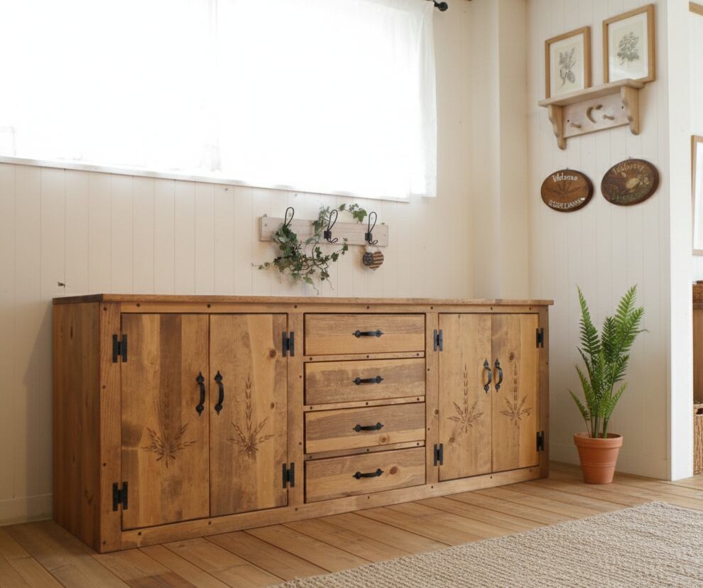 アメリカンカントリー １６５０sideboard 刻みつける 麦穂刻みつける くり抜き 押し入れ 納める 木 生まれながら木 醇乎たる100％調度品 カントリー調度品 リビング納める 奥ふかさ狭め TVゲーム盤