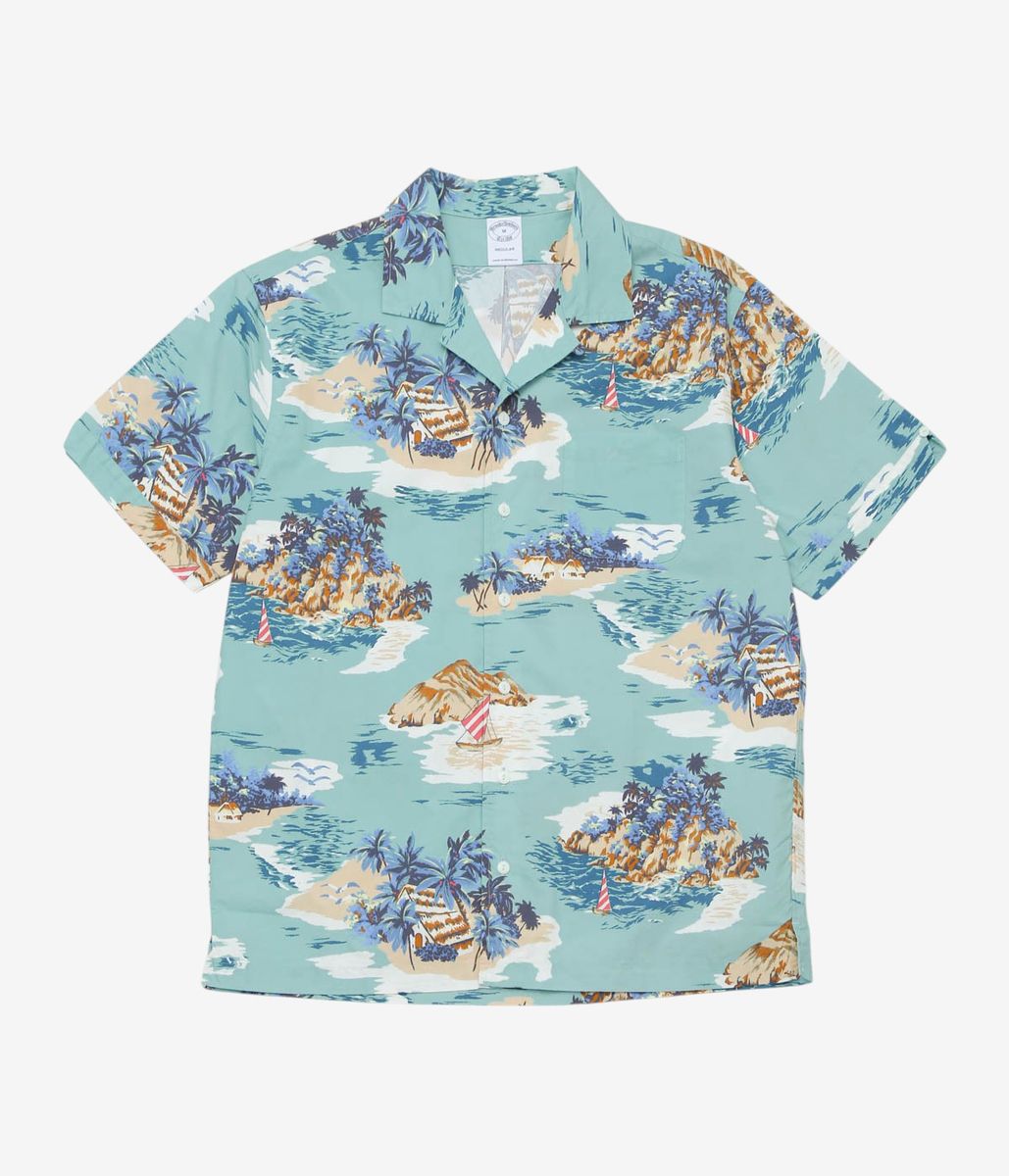 BROOKS BROTHERS \u0027\u0027COTTON CAMP COLLAR ISLAND MOTIF S/S\u0027\u0027 (BLUE TAN)