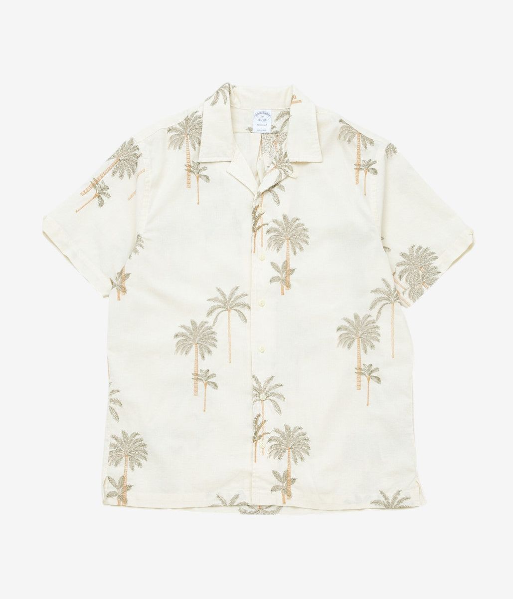 BROOKS BROTHERS \u0027\u0027COTTON/LINEN CAMP COLLAR PALM TREE S/S\u0027\u0027 (WHITE BROWN)