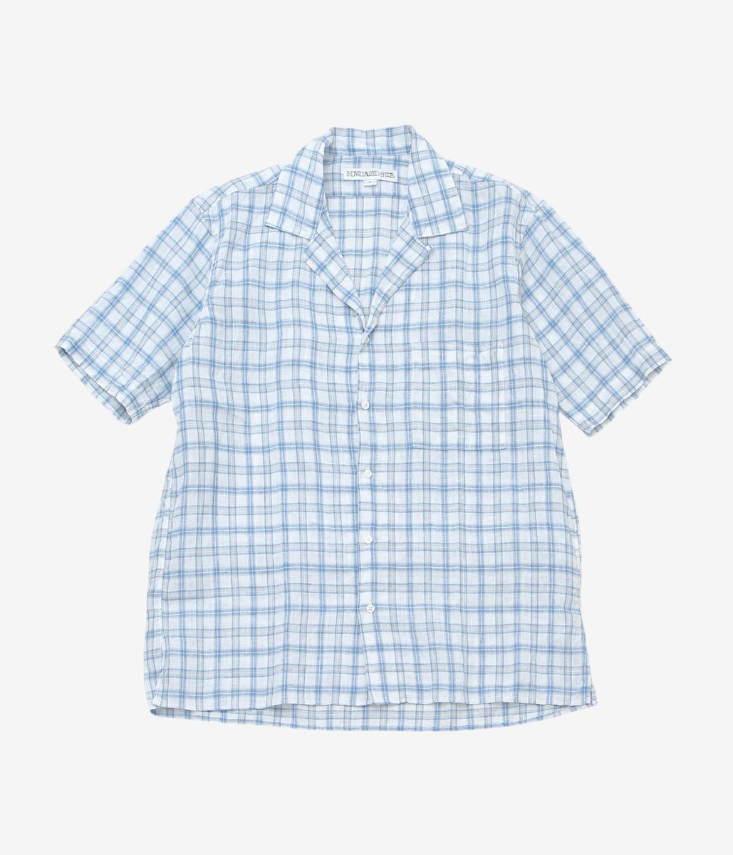 INDIVIDUALIZED SHIRTS \u0027\u0027LINEN PLAID CAMP COLLAR S/S\u0027\u0027 (BLUE)