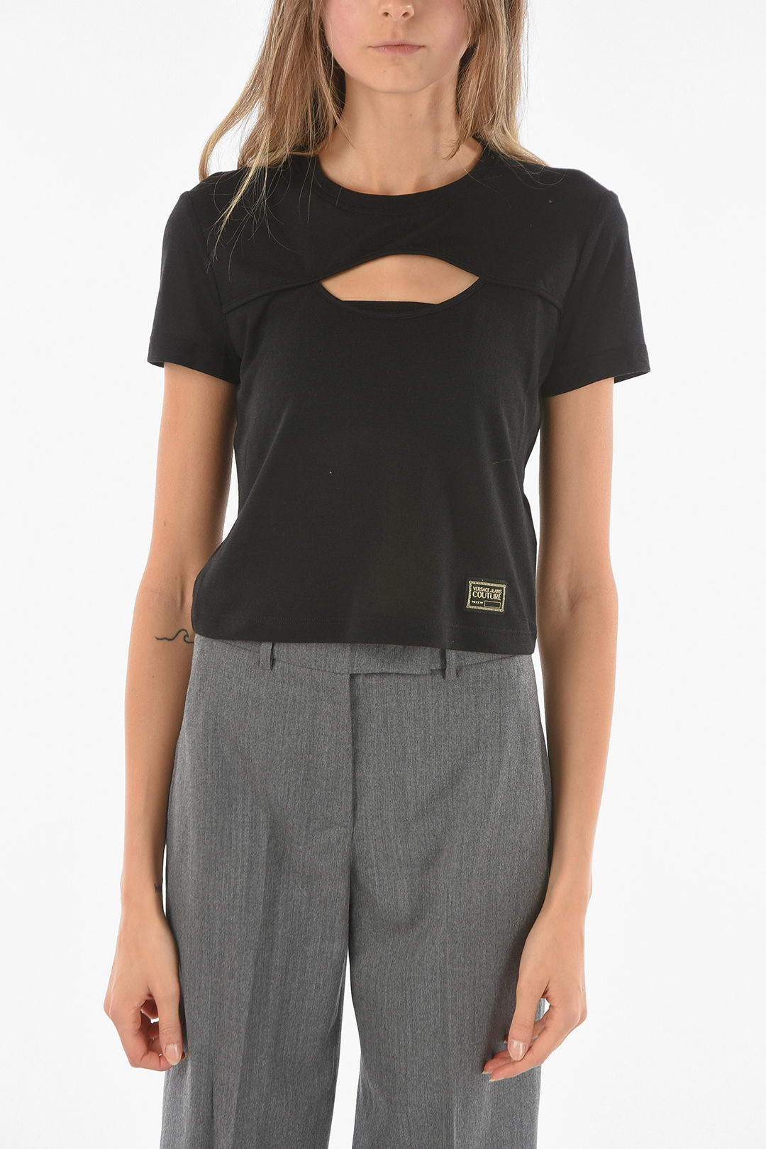VERSACE ヴェルサーチ Black トップス 71HAH604 J0000 899 レディース COUTURE SHORT-SLEEVED CUT OUT DETAIL CROP TOP dk