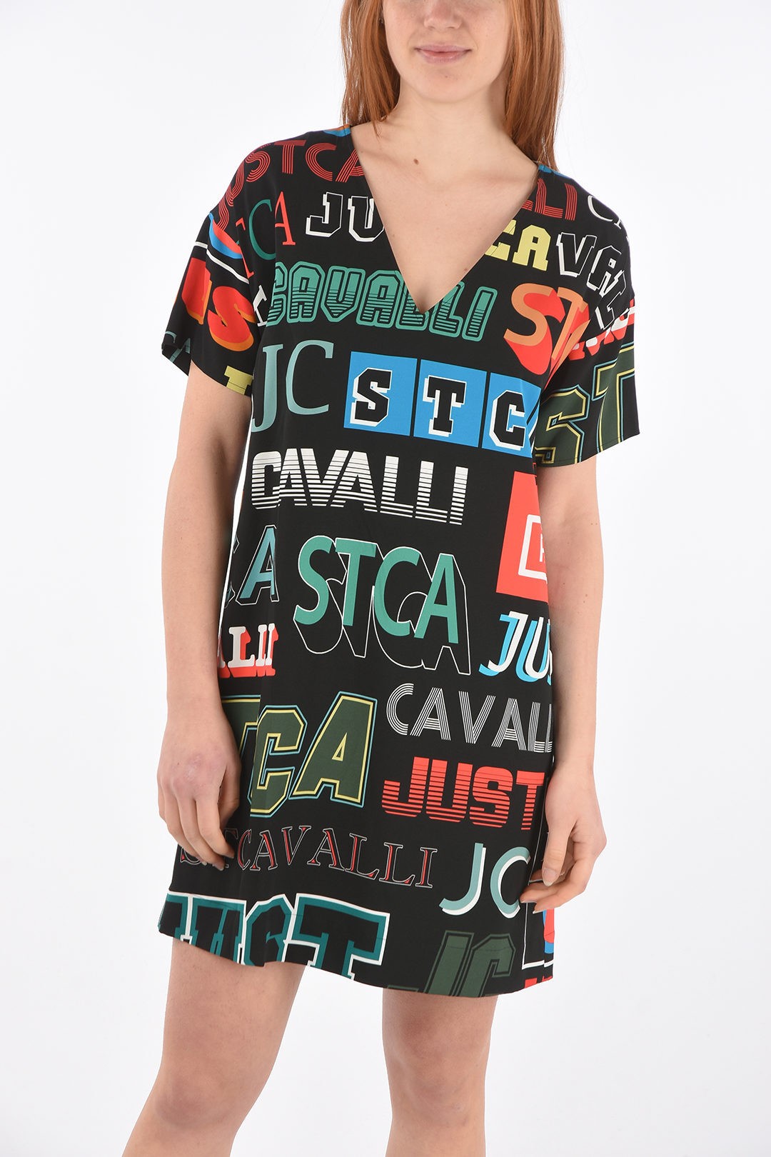JUSTCAVALLIジャストカヴァリBlackドレスS02CT1119N39648900SレディースSHORT-SLEEVEDVNECKALL-OVERLOGOPRINTEDDRESS【関税・送料無料】【ラッピング無料】dk