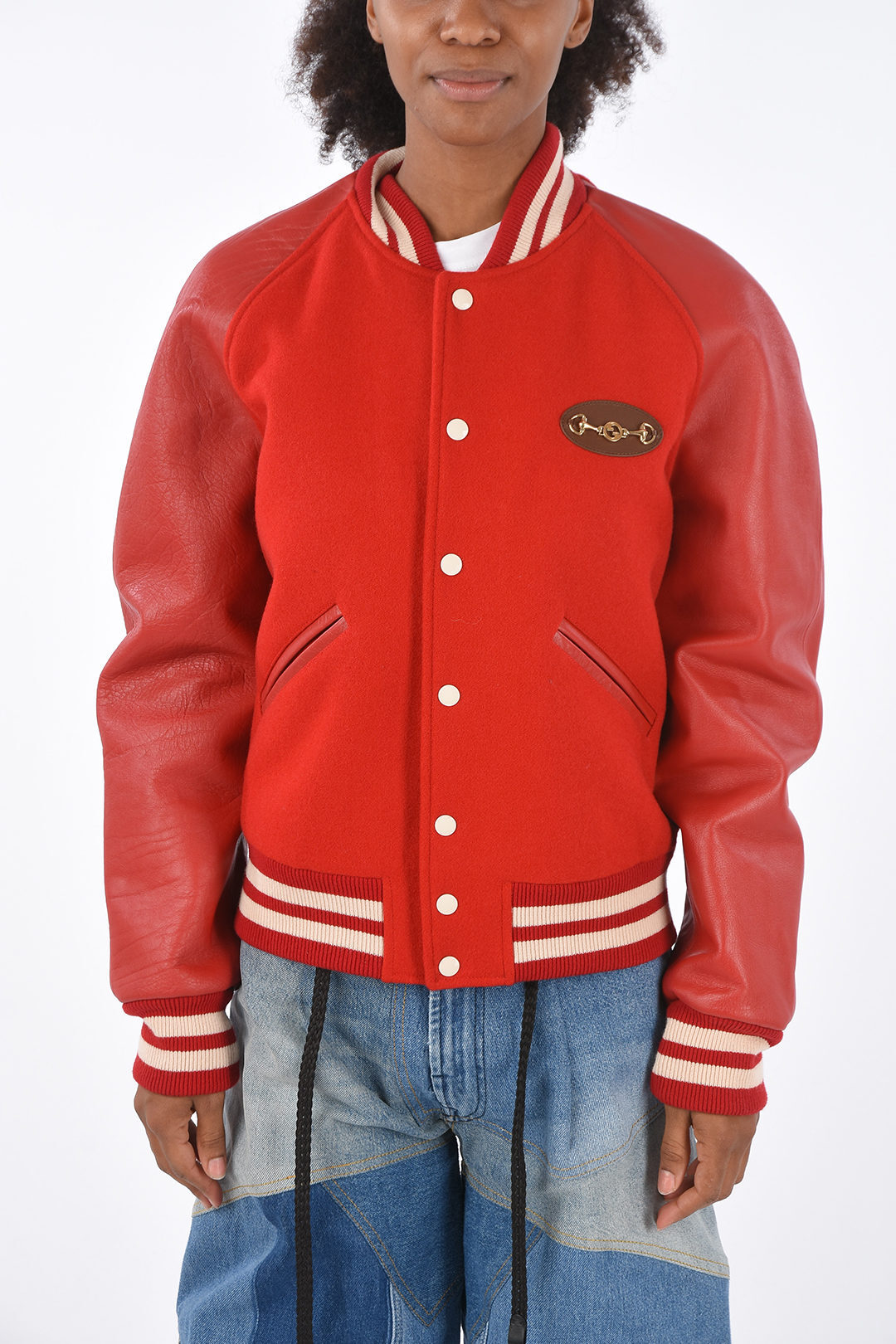 Gucci グッチ Red ジャケット メンズ Textured Leather Sleeve Bomber With Horsebit Application 関税 送料無料 ラッピング無料 Dk Lojascarrossel Com Br