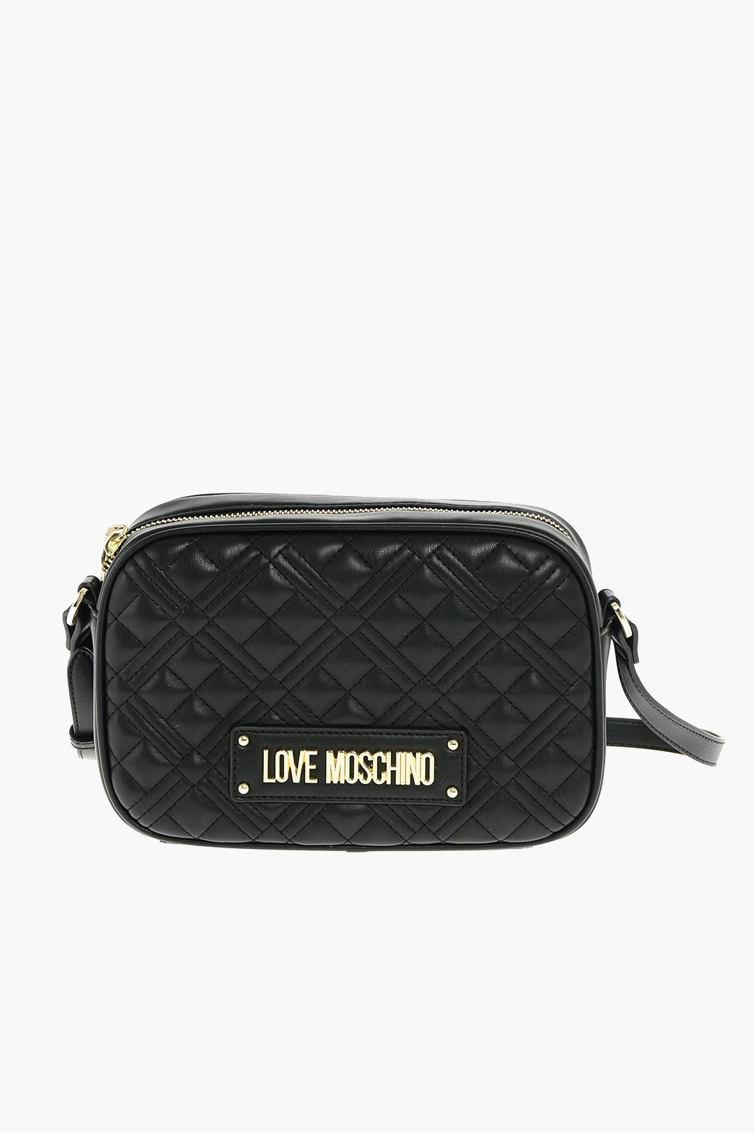 MOSCHINO モスキーノ Black FAUX QUILTED LOVE LEATHER CROSSBODY BAG