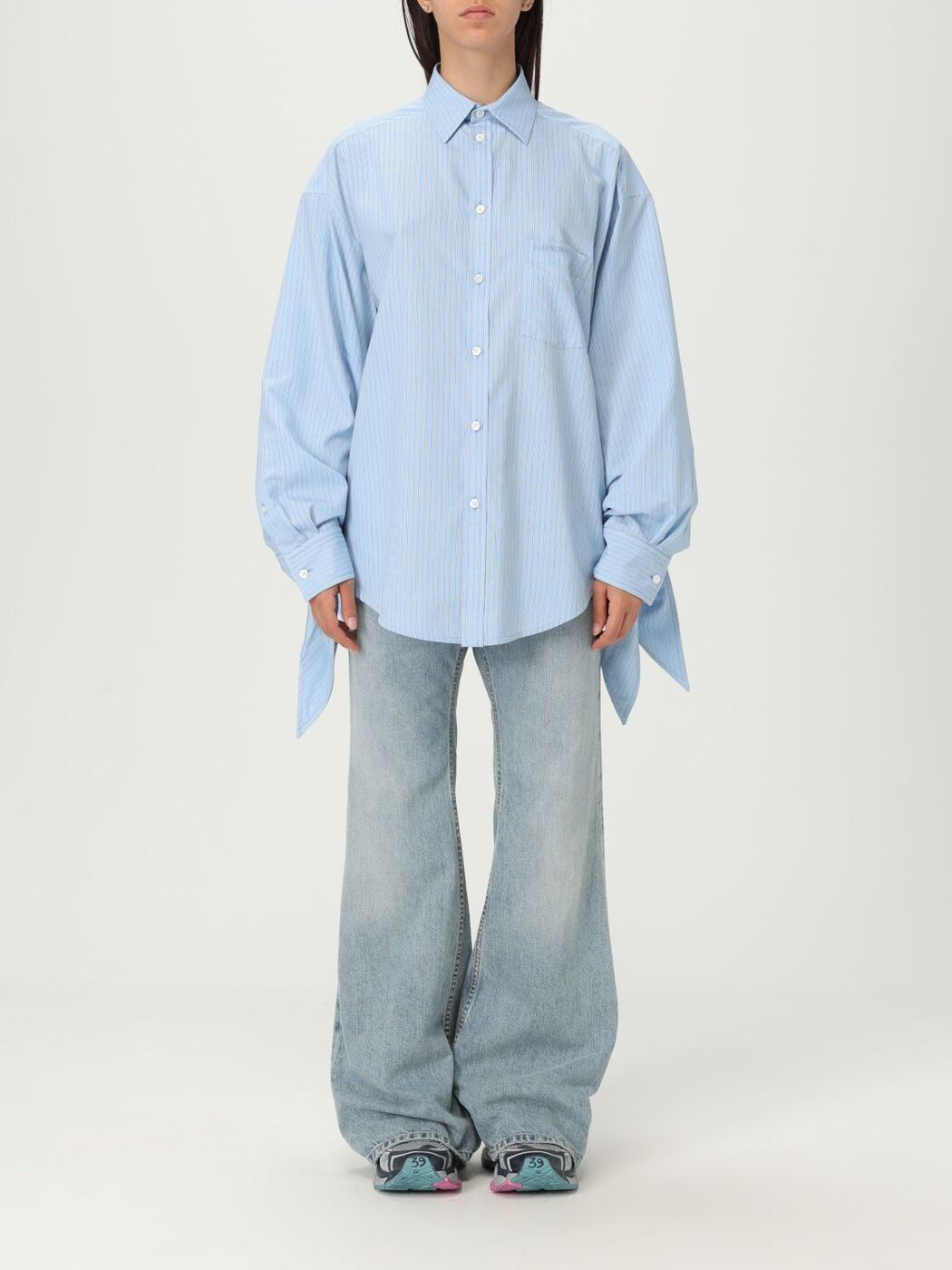 BALENCIAGA - 【美品】  BALENCIAGA / バレンシアガ | 2018SS | コットン ビスコース リヨセル チェック バック ロゴ プリント スカーフカラー シャツ | 36 | ブルー / ブラウン | レディース BALENCIAGA - 【美品】 BALENCIAGA / バレンシアガ | 2018SS