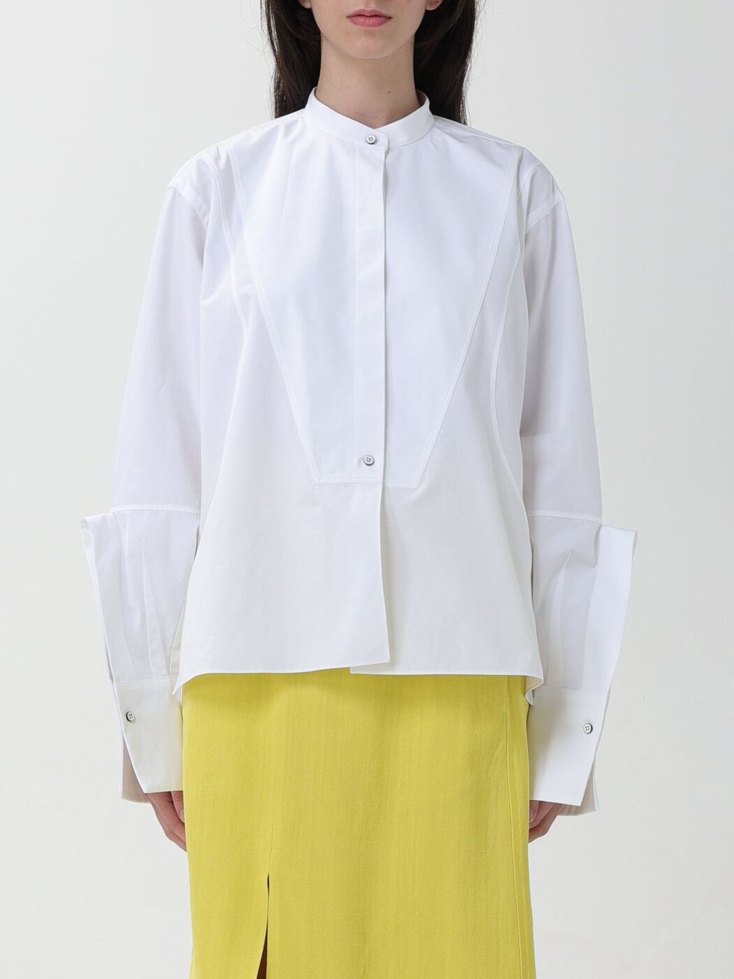 JIL SANDER / ジルサンダー | コットン バンドカラー ギャザー パフスリーブ ブラウス | 32 | ホワイト | レディース JIL SANDER / ジルサンダー | コットン バンドカラー ギャザー