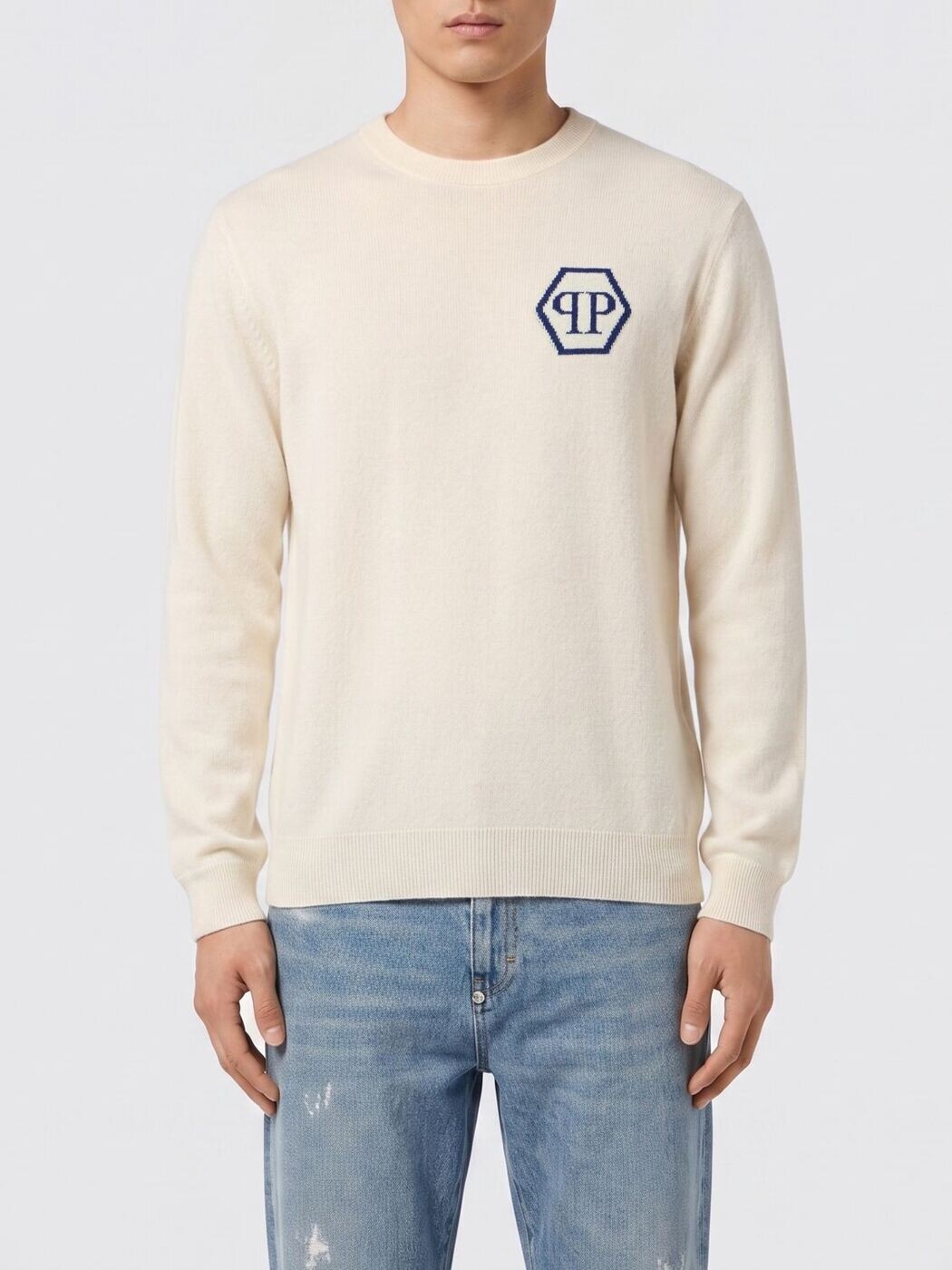 フィリップ 飾り気の無い PHILIPP PLEIN ティーシャツ 編み物御召しもの メンズ 白いこと Knitwear SAFCMKO1554PTE098N 関税 貨物輸送無料 2026SS gi