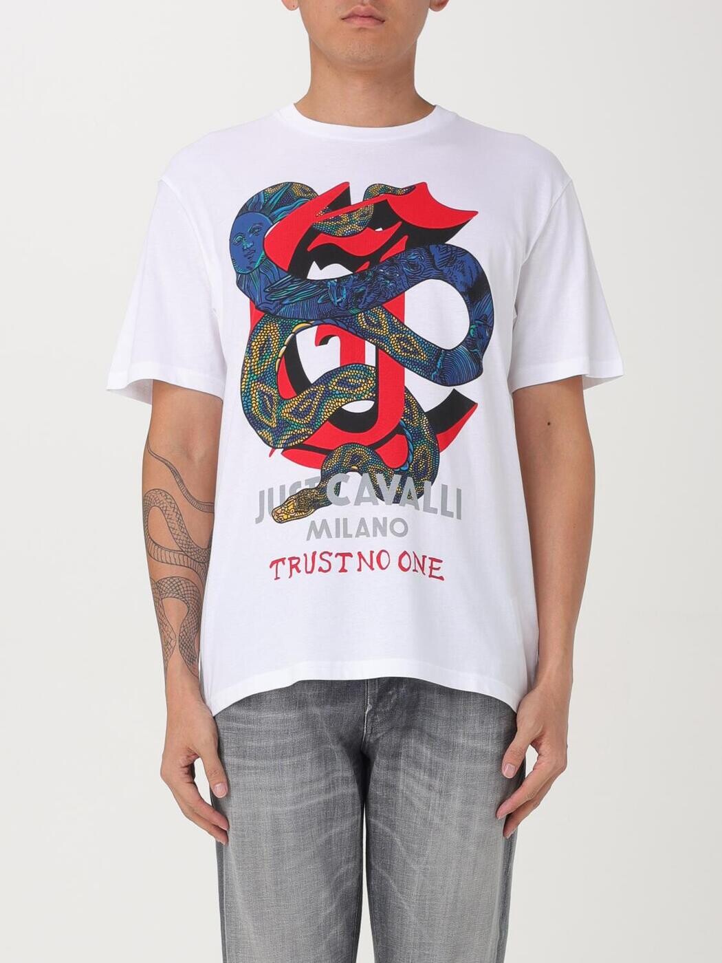 ジャスト カヴァリ JUST CAVALLI ティーシャツ メンズ 白いこと T-shirts 77OAHA14CJ700 関税 貨物輸送無料 2024AW gi Tシャツ・カットソー-メンズファッション