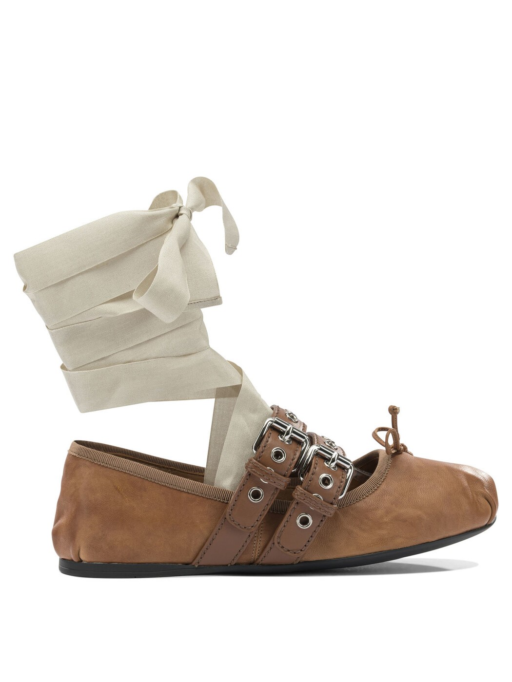 ミュウ ミュウ MIU MIU 平ったいシューズ 平ったいシューズ レディース 赤銅色 Flat Shoes Nappa leather and calfskin ballet flats 5F466A3ZLVF098L F G005 Brown 関税 貨物輸送無料 2026SS vi