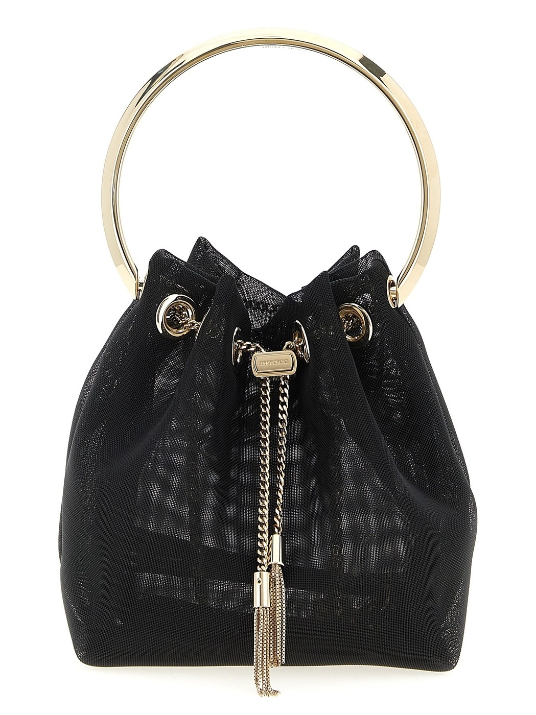 関税込☆Jimmy Choo Bon Bon バケットバッグ BON BON｜メタルフラワー付き Black サテン・バケットバッグ