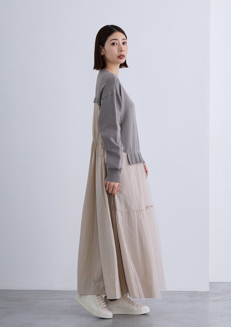 【2026Spring】【即納】【Femicite(フェミシテ)】ドッキング ワンピース レディース レーヨンニット タフタ チュール 3素材Mix ロング丈 フレアー ワンピース 一体 レイヤード オーバーサイズ カジュアル スタイリッシュ モード ミリタリー