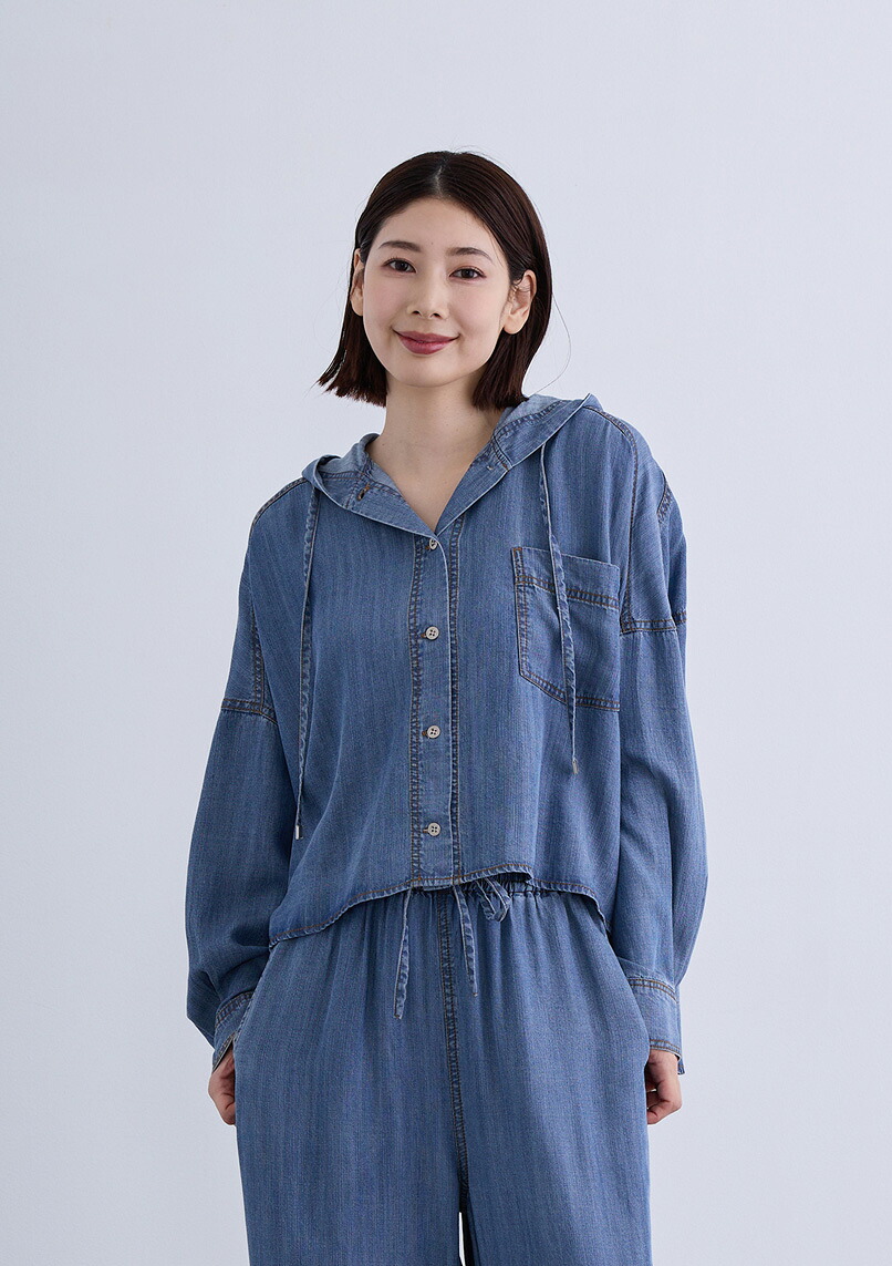 【2026Spring】【即納】【Femicite(フェミシテ)】テンセルデニム フーディ シャツブラウス レディース トップス アウター シャツブラウス パーカー フード ロングスリーブ 長袖【2026ss新作】カジュアル スタイリッシュ モード ミリタリー