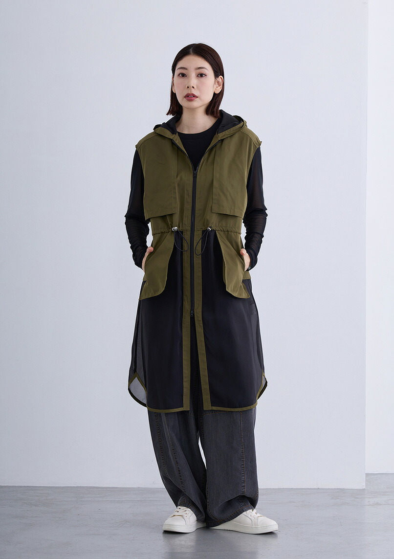 【SALE50%OFF】【2026Spring】【即納】【Femicite(フェミシテ)】タフタ オーガンジー ドッキング ベスト レディース トップス ライトアウター ロングベスト パーカー フード ノースリーブ 【2026ss新作】カジュアル スタイリッシュ モード ミリタリー|Cour Carre an