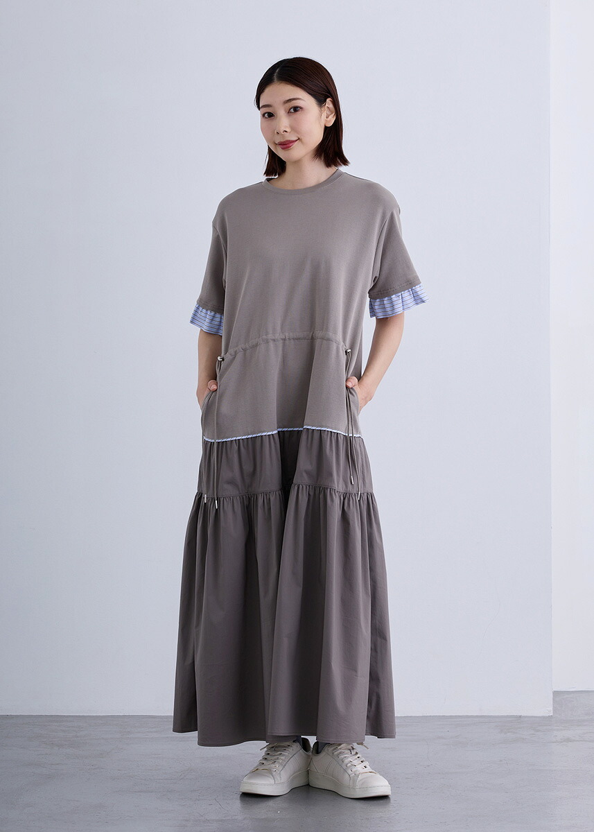 【SALE50％OFF】【2026Spring】【即納】【Femicite(フェミシテ)】マルチ ストライプ ワンピース 綿100％ ロング丈 フレアー ワンピース 一体 ティアードライン レイヤード オーバーサイズ カジュアル スタイリッシュ モード ミリタリー｜Cour Carre an