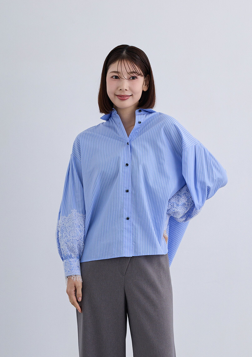 【SALE50%OFF】【2026Spring】【即納】【KOOS(クース)】レーシー ストライプ シャツ レディース ロング 長袖 シャツブラウス 大人フェミニン レース バックコクーン【2026ss新作】パーティー フォーマル オフィスカジュアル オケージョン 通勤 格上げ キレイめ|Cour Carre an