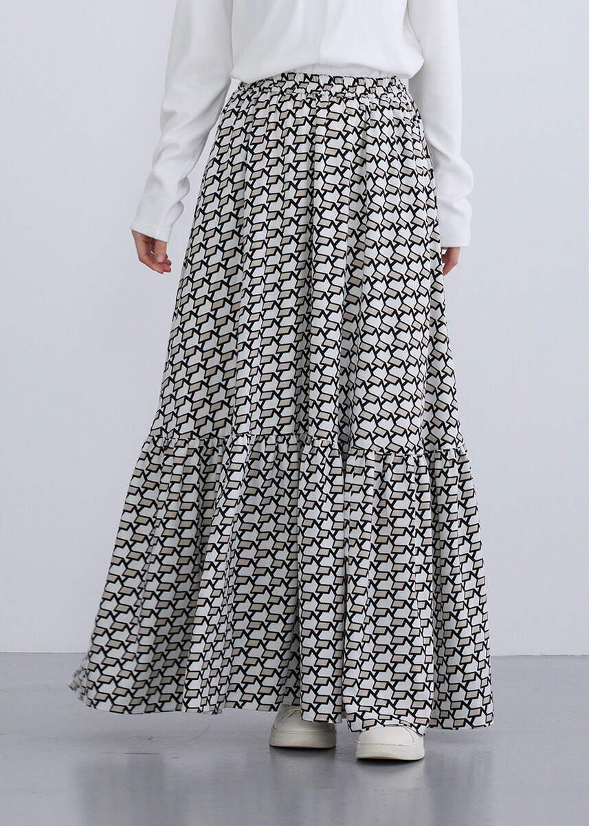 【SALE50%OFF】【即納】【neuf cent neuf(ヌフ ソン ヌフ)】 ジオメトリックティアードスカート レディース ロング丈 マキシ丈 スカート ロングスカート ジオメトリック 【新作】モードカジュアル 大人かっこいいスタイル エイジレス
