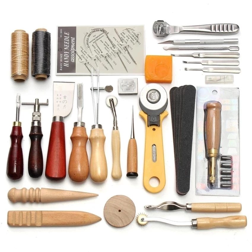 【レザークラフトツールセット 37点】革細工 工具セット DIY 手縫いキット 菱目打ち 刻印セット 革包丁 ルレット 溝切り 糸 針 エッジ処理 ハトメ抜き 初心者 プロ対応