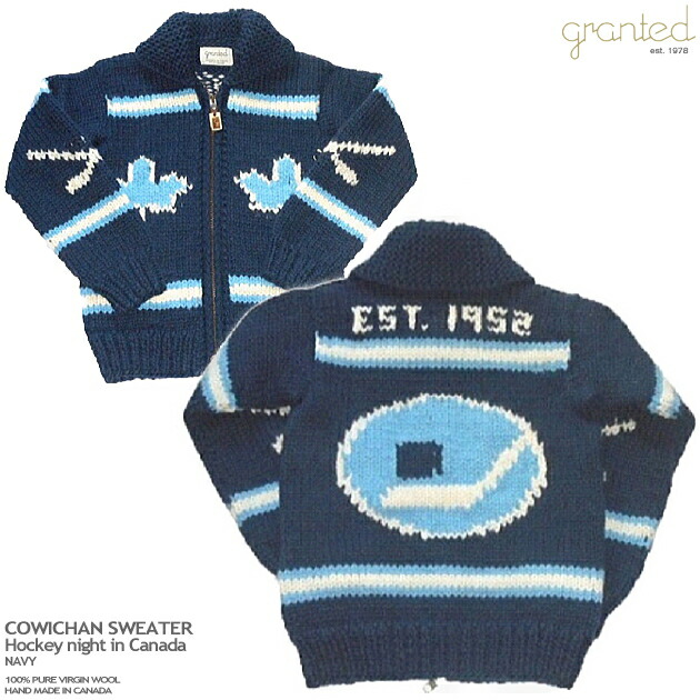 在庫限り カウチンセーター グランテッド Granted カナダ製 Gr Hnic ホッケー ナイト イン カナダ Hockey Night In Canada ネイビー メンズ ウール100 フルオープン Ykk製ジップアップ Two Way Ykk Zipper 木製ラベルの引き手 カウチンニット
