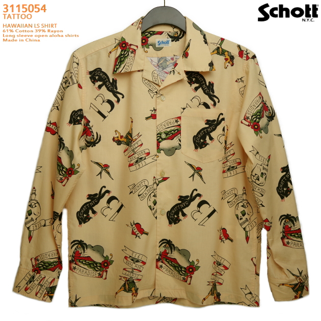 驚きの値段 アロハシャツ ショット Schott Sch Ls Tattoo タトゥー サンド メンズ コットン61 レーヨン39 開襟 フルオープン 長袖 アロハタワー アロハシャツ販売 ハワイアンシャツ カウチンファミリー アロハシャツ 信頼