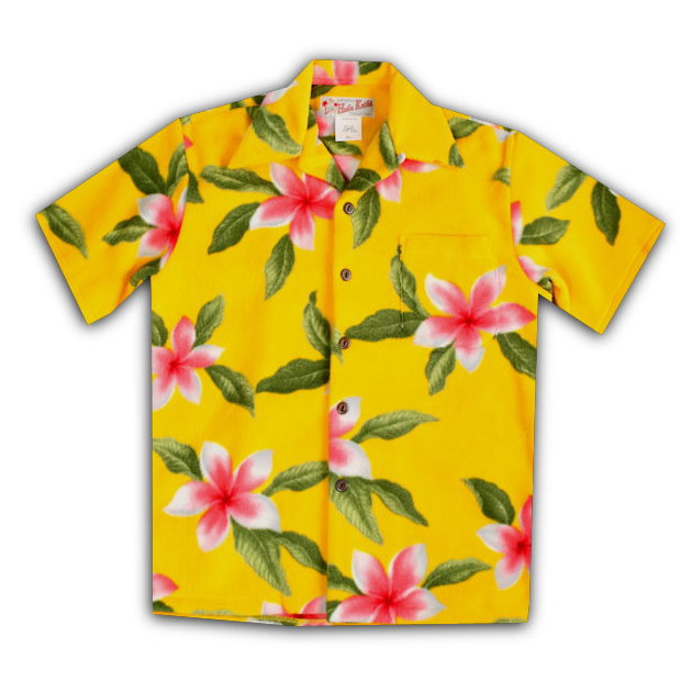 アロハシャツ・フラケイキ　ハワイアン（HULA KEIKI HAWAIIAN）｜マカナレイ（MAKANALEI）の姉妹ブランド｜HK-H8729 プルメリア｜イエロー｜メンズ｜アロハジャケット｜ポリエステル・フリース100％｜開襟｜フルオープン｜半袖｜アロハタワー（アロハシャツ販売）