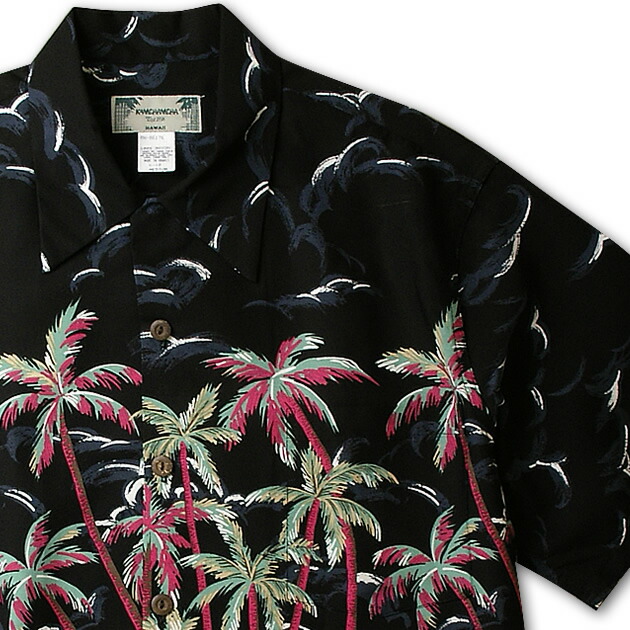アロハシャツ｜カメハメハ（KAMEHAMEHA）｜kam-hp フラパーム(Hula Palm）｜ブラック｜メンズ｜レーヨン100％（Rayon100％）｜開襟（オープンカラー）｜フルオープン｜半袖｜アロハタワー（アロハシャツ販売）｜カウチンファミリー＋アロハシャツ