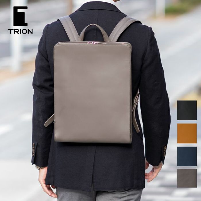 トライオン TRION リュック リュックサック 薄マチ バックパック スクエア型 ビジネス 軽い 本革 SA229 グローブレザー A4サイズ 鞄 バッグ ブラック ネイビー キャメル グレー メンズ レディース スマート シンプル|COXSWAIN