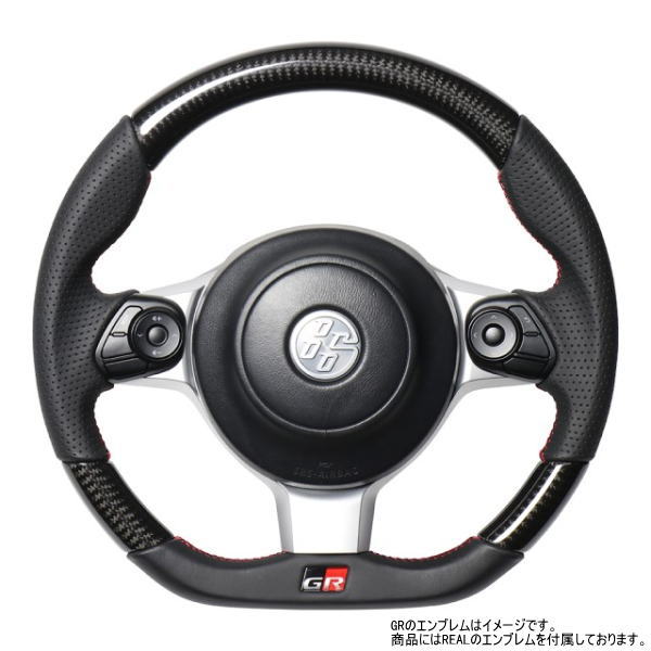 REAL レアル GRM-BKC-RD ステアリング Dシェイプ ブラックカーボン レッド×ブラック ユーロステッチ 86 (ZN6:後期) 、86 GR (ZN6)、BRZ (ZC6:後期)、ヴィッツGRMN (130系)、ヴィッツ GR SPORT “GR”、プリウスPHV “GR SPORT” 、他