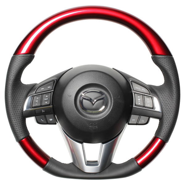 REAL レアル MZA-RDW-BK ステアリング Dシェイプ パールレッド ブラックユーロステッチ CX-5 (KE)、CX-3 (DK:前期)、アクセラ (BM:前期/BY:前期)、デミオ (DJ:前期)