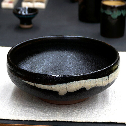 和食器 龍門司焼 大鉢 17cm 黒釉白流