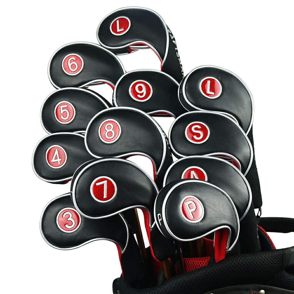 Craftsman Golfクラフトマン　アイアンカバー　ゴルフヘッドカバー　治具開閉　加長合成レザー　ブラック＆レッド　12枚セット　かっこいい　おしゃれ　黒