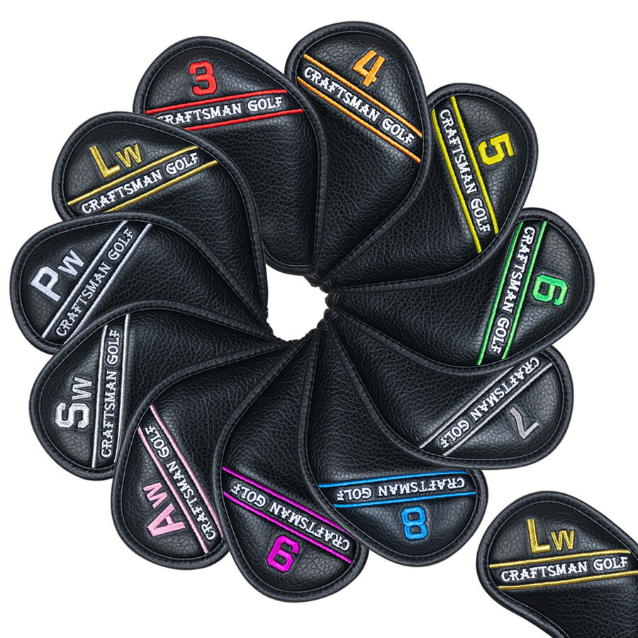 Craftsman Golfアイアン取りまかなう ゴルフ頭顱取りまかなう Iron Cover 番手付(3-9,AW,SW,PW,LW,LW) 12枚入り口・入口 今めかしい 保護すること容れもの 色つや電話番号 ※磁石 黒
