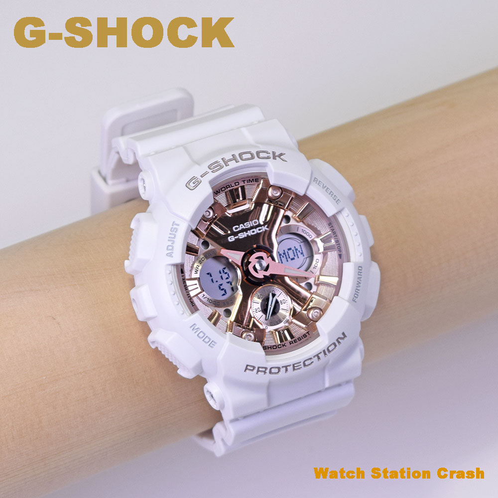楽天市場 レディース 腕時計 小ぶりのg Shock かわいい 白 ピンクゴールド Gショック カシオ Casio 限定 Sシリーズ パステルカラーコレクション アナデジ ホワイト Gma S1mf 7a2 Baby Gよりも少し大きいサイズ Watch Station Crash